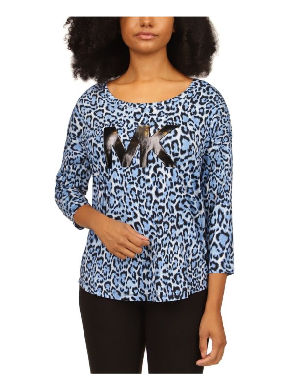 MICHAEL MICHAEL KORS Womens Blue Animal Print 3 4 Sleeve Scoop Neck T-Shirt Online