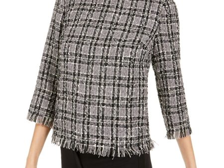 ANNE KLEIN Womens Black Plaid 3 4 Sleeve Jewel Neck Wear To Work Sweater Online Sale