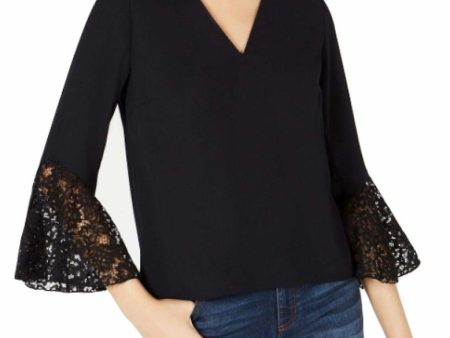 BAR III Womens Black Lace 3 4 Sleeve V Neck Top Online Hot Sale