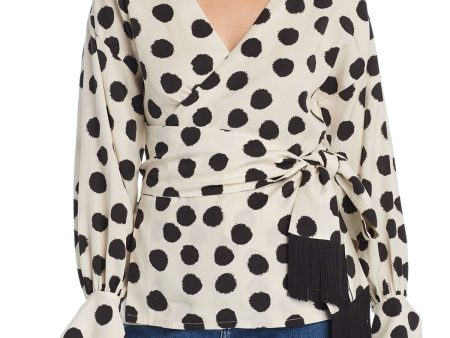 mother of pearl Womens White Belted Polka Dot Long Sleeve V Neck Faux Wrap Top For Cheap