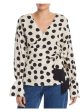 mother of pearl Womens White Belted Polka Dot Long Sleeve V Neck Faux Wrap Top For Cheap