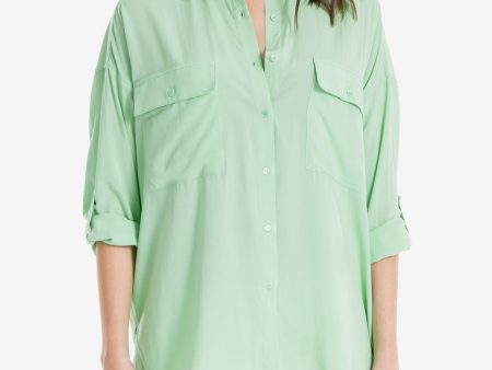 MAX STUDIO Womens Green Pocketed Cuffed Collared Button Up Top Online Hot Sale