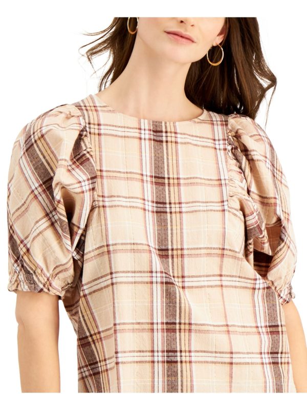 INC Womens Gold Plaid Pouf Crew Neck Top Discount