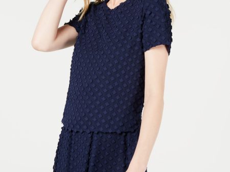 MAISON JULES Womens Navy Textured Short Sleeve Jewel Neck Top Online Sale