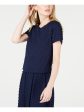 MAISON JULES Womens Navy Textured Short Sleeve Jewel Neck Top Online Sale