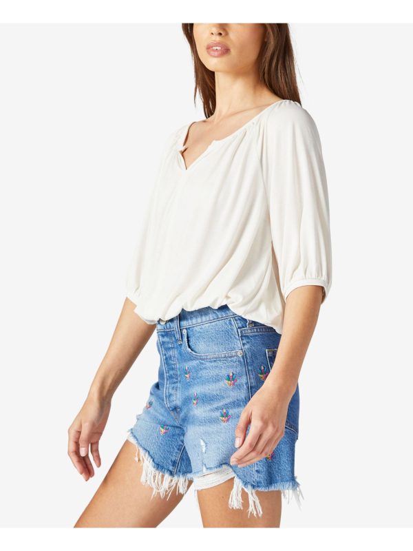 LUCKY BRAND Womens Ivory Elbow Sleeve Split Peasant Top For Cheap