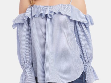 KAREN KANE Womens Light Blue Cold Shoulder Ruffled Striped Long Sleeve Scoop Neck Top For Cheap