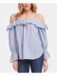 KAREN KANE Womens Light Blue Cold Shoulder Ruffled Striped Long Sleeve Scoop Neck Top For Cheap