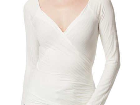 JESSICA SIMPSON Womens Ivory Ruched Pullover Long Sleeve Surplice Neckline Faux Wrap Top on Sale