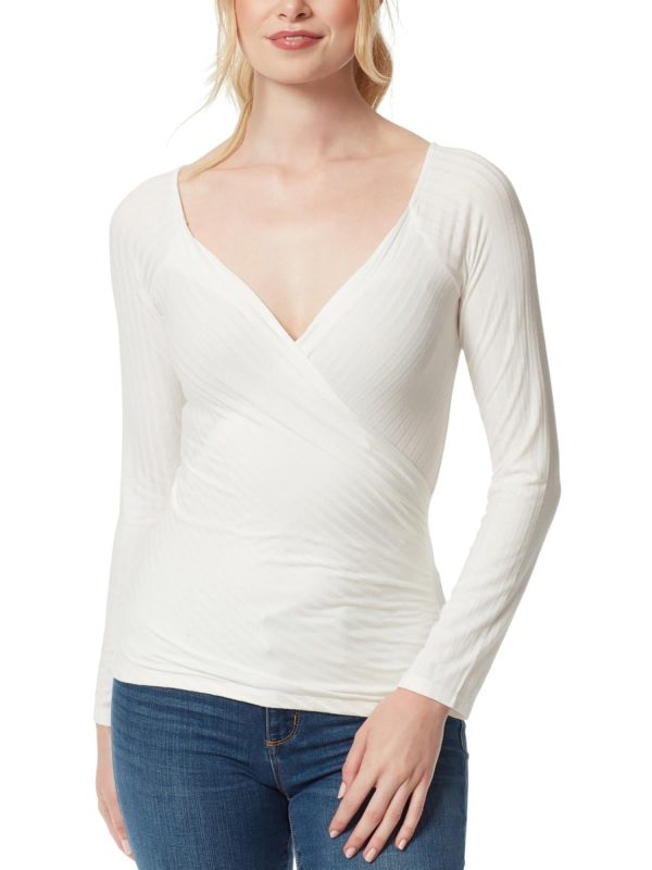 JESSICA SIMPSON Womens Ivory Ruched Pullover Long Sleeve Surplice Neckline Faux Wrap Top on Sale