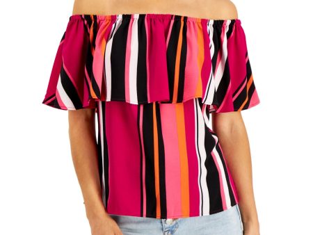 BAR III Womens Purple Stretch Striped Flutter Sleeve Off Shoulder Blouse Online Hot Sale