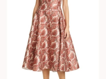 Adam Lippes Womens Beige Printed Cap Sleeve Collared Tea-Length Party Fit + Flare Dress Discount