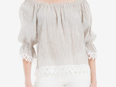 MAX STUDIO Womens Beige Lace Sheer Striped 3 4 Sleeve Off Shoulder Peasant Top Cheap