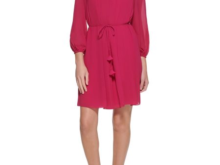 VINCE CAMUTO Womens Pink Tie Zippered Gathered Lined Blouson Sleeve Jewel Neck Above The Knee Wear To Work Sheath Dress Discount