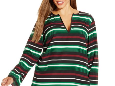 MICHAEL KORS Womens Green Sheer Pullover Vented Round Hem Striped Long Sleeve Split Tunic Top Hot on Sale