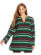 MICHAEL KORS Womens Green Sheer Pullover Vented Round Hem Striped Long Sleeve Split Tunic Top Hot on Sale