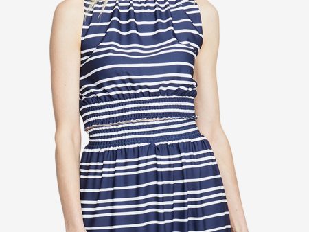 RACHEL ROY Womens Navy Ruched Striped Sleeveless Turtle Neck Top Online Sale