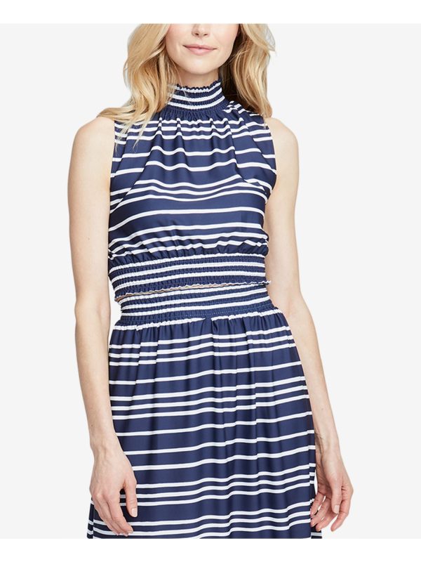 RACHEL ROY Womens Navy Ruched Striped Sleeveless Turtle Neck Top Online Sale