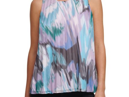 DKNY Womens Pleated Printed Sleeveless Scoop Neck Top Discount