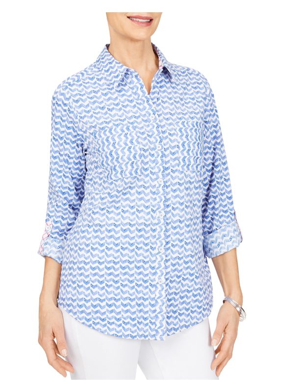 FOXCROFT Womens Pocketed Chevron Roll-tab Sleeve Collared Button Up Top Supply