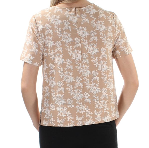 KENSIE Womens Beige Tie Floral Short Sleeve Jewel Neck Top Hot on Sale