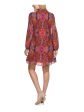 VINCE CAMUTO Womens Pink Tie Ruffled Cut Out Accordion Pleats Printed Long Sleeve Mock Neck Short Party Shift Dress Online