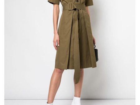 Adam Lippes Womens Green Cotton Belted Short Sleeve Collared Below The Knee Evening Shirt Dress Cheap