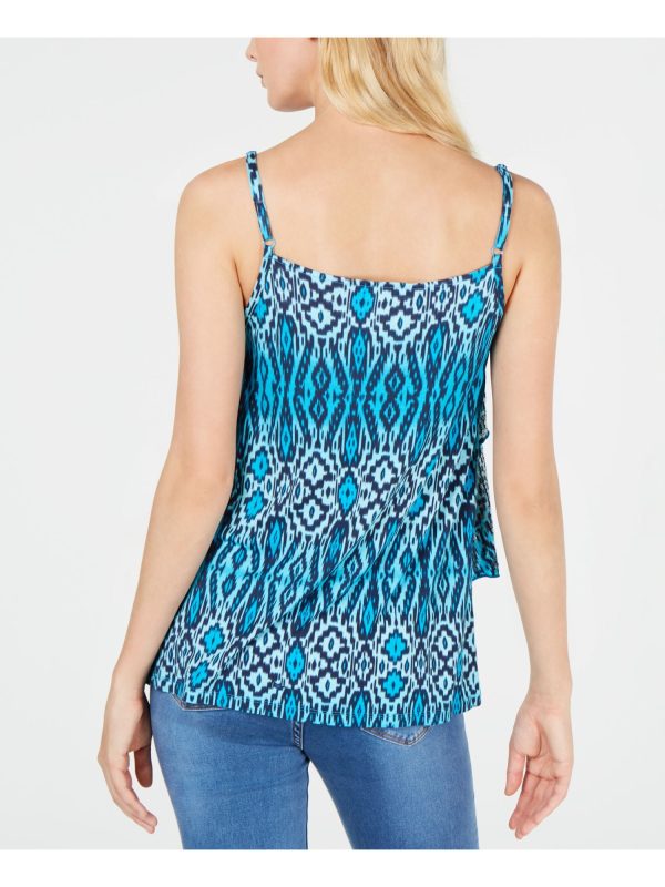 INC Womens Blue Sequined Printed Sleeveless Scoop Neck Tiered Top For Cheap