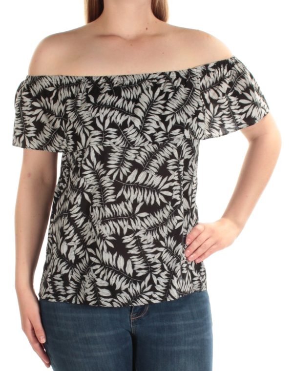 1. STATE Womens Black Leaves Short Sleeve Off Shoulder Top For Sale