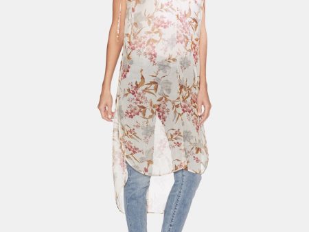 VINCE CAMUTO Womens Ivory Floral Cap Sleeve Jewel Neck Top Online now