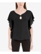 MAX JEANS Womens Black Ruffled Dolman Sleeve Keyhole Top Online now