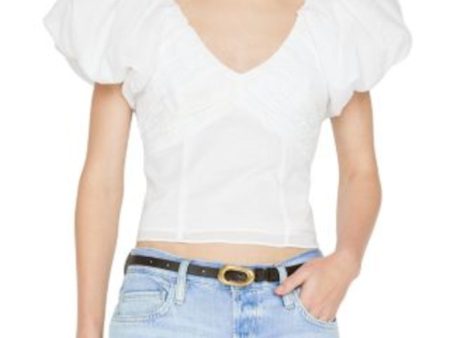 FRAME Womens White Textured Pleated Lined Pouf Sleeve V Neck Crop Top Online