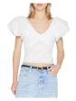 FRAME Womens White Textured Pleated Lined Pouf Sleeve V Neck Crop Top Online