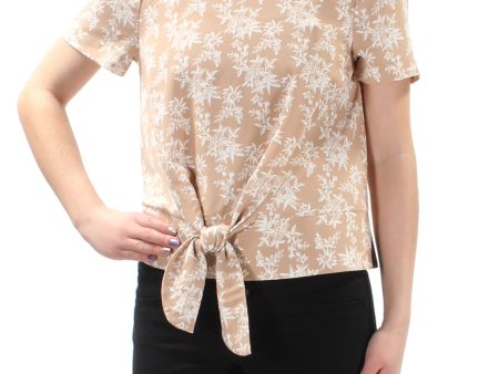 KENSIE Womens Beige Tie Floral Short Sleeve Jewel Neck Top Hot on Sale