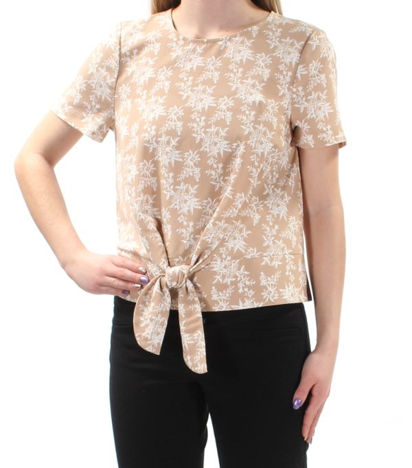 KENSIE Womens Beige Tie Floral Short Sleeve Jewel Neck Top Hot on Sale