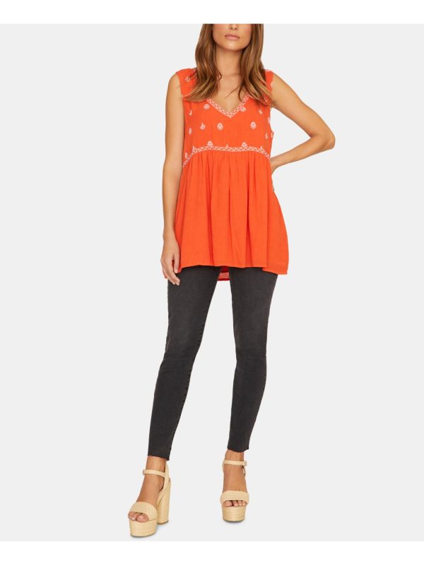 SANCTUARY Womens Orange Embroidered Printed Sleeveless V Neck Tunic Top Supply