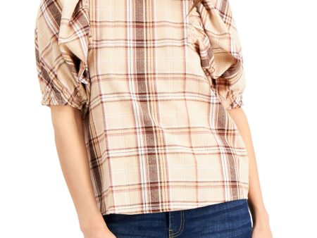 INC Womens Gold Plaid Pouf Crew Neck Top Discount