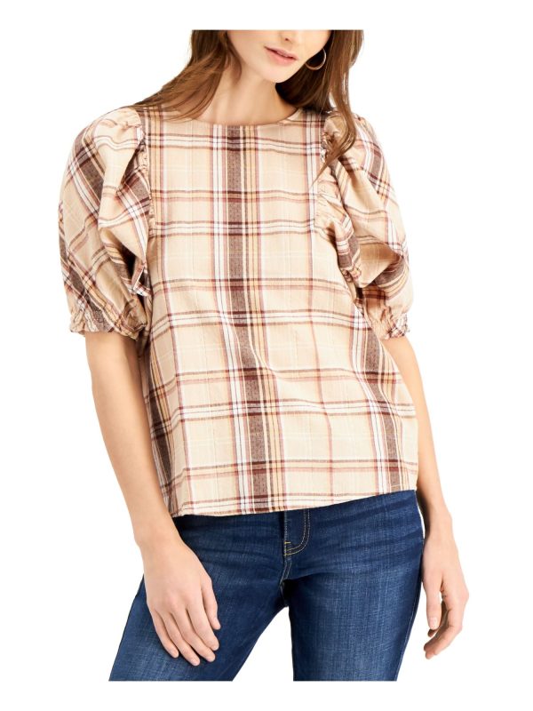 INC Womens Gold Plaid Pouf Crew Neck Top Discount