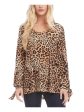 KAREN KANE Womens Beige Animal Print Long Sleeve Scoop Neck Party Top on Sale