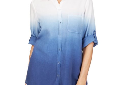 FOXCROFT Womens Pocketed Ombre Roll-tab Sleeve Collared Button Up Top Sale