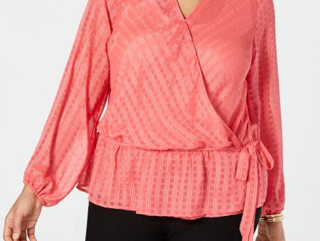 INC Womens Orange Belted Long Sleeve V Neck Faux Wrap Top For Cheap