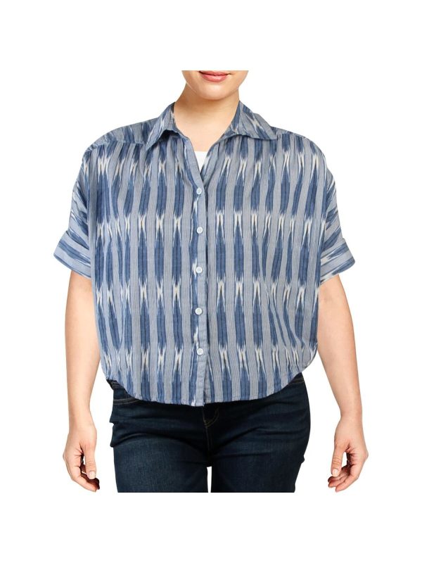 KAREN KANE Womens Blue Printed Cuffed Button Up Top Sale