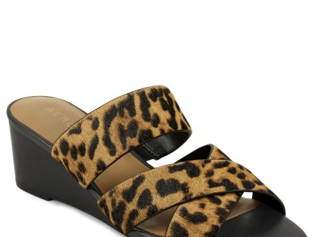 AEROSOLES Womens Brown Leopard Print Crisscross Straps Side Gore Core Comfort Technology Comfort Westfield Almond Toe Wedge Slip On Leather Slide Sandals Shoes M Sale