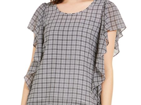 MICHAEL KORS Womens Ruffled Plaid Jewel Neck Top on Sale