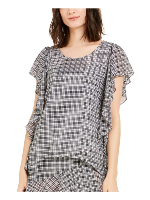 MICHAEL KORS Womens Ruffled Plaid Jewel Neck Top on Sale