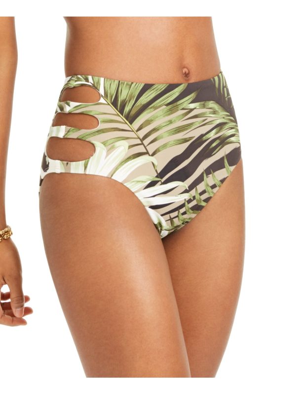 BAR III Women s Green Tropical Print Stretch Lined Moderate Coverage Cutout Jungle Moon High Waisted Swimsuit Bottom Online now