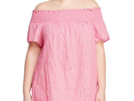 MICHAEL MICHAEL KORS Womens Smocked Check Short Sleeve Off Shoulder Top Fashion