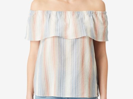 VINTAGE AMERICA BLUES Womens Blue Striped Short Sleeve Off Shoulder Top Online Hot Sale