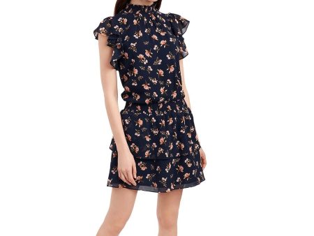 1. STATE Womens Navy Ruffled Pleated Smocked Neck Floral Cap Sleeve Mini Drop Waist Dress Fashion