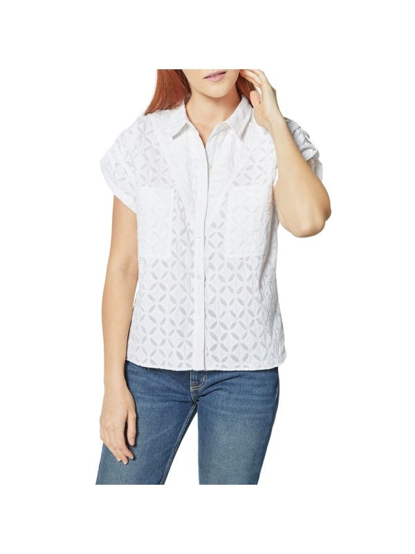 JOIE Womens Pocketed Geometric Cap Sleeve Collared Wear To Work Button Up Top Online Sale